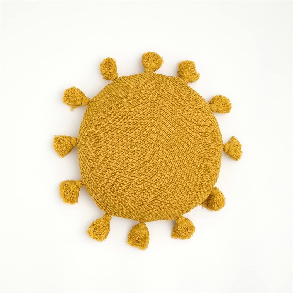 9165 Decorative Round Fringe Throw Pillow with Inserts Woven Textured Throw